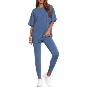 imageBTFBM Two Piece Lounge Set Women 2026 Spring Casual Oversized Shirts Leggings Matching Workout Airport Travel OutfitsGrey Blue
