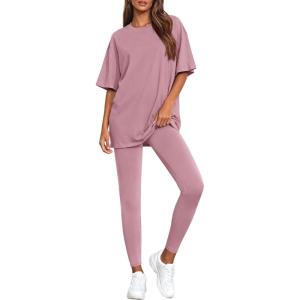 imageBTFBM Two Piece Lounge Set Women 2026 Spring Casual Oversized Shirts Leggings Matching Workout Airport Travel OutfitsPink