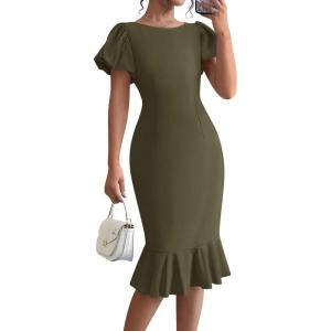 imageBTFBM Women Formal Wedding Guest Cocktail Dresses 2026 Short Sleeve Ruffle Mermaid Work Bodycon Elegant Midi Summer DressArmy Green