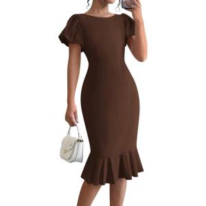 imageBTFBM Women Formal Wedding Guest Cocktail Dresses 2026 Short Sleeve Ruffle Mermaid Work Bodycon Elegant Midi Summer DressBrown