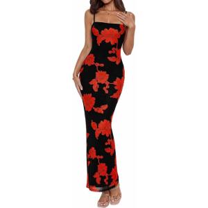 imageBTFBM Womens Maxi Dress 2026 Spring Floral Sexy Spaghetti Straps Sleeveless Bodycon Summer Beach Wedding Guest DressesFloral Black Red