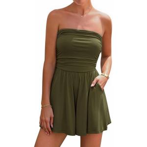 imageBTFBM Womens Romper 2026 Spring Summer Strapless Tube Tops Beach Vacation Clothes Boho Loose Shorts Jumpsuits PocketsArmy Green