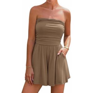 imageBTFBM Womens Romper 2026 Spring Summer Strapless Tube Tops Beach Vacation Clothes Boho Loose Shorts Jumpsuits PocketsLight Brown
