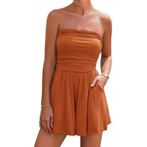 imageBTFBM Womens Romper 2026 Spring Summer Strapless Tube Tops Beach Vacation Clothes Boho Loose Shorts Jumpsuits PocketsOrange