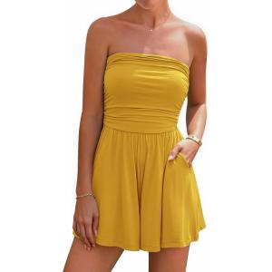 imageBTFBM Womens Romper 2026 Spring Summer Strapless Tube Tops Beach Vacation Clothes Boho Loose Shorts Jumpsuits PocketsYellow