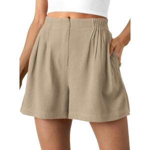 imageBTFBM Womens Shorts Casual 2026 Spring Summer Elastic High Waisted Pleated Cotton Shorts Beach Vacation Outfits PocketsKhaki