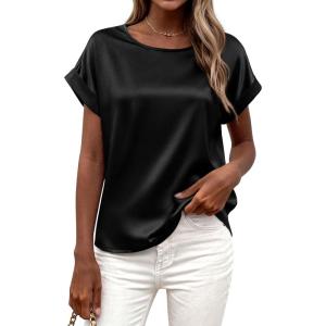 imageBTFBM Womens Summer Tops 2026 Satin Crewneck Short Sleeve Shirts Work Business Outfits Spring Blouses Dressy CasualBlack
