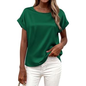imageBTFBM Womens Summer Tops 2026 Satin Crewneck Short Sleeve Shirts Work Business Outfits Spring Blouses Dressy CasualGreen