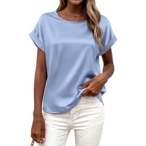 imageBTFBM Womens Summer Tops 2026 Satin Crewneck Short Sleeve Shirts Work Business Outfits Spring Blouses Dressy CasualLight Blue