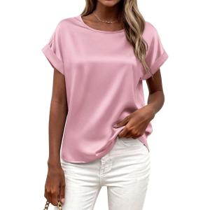 imageBTFBM Womens Summer Tops 2026 Satin Crewneck Short Sleeve Shirts Work Business Outfits Spring Blouses Dressy CasualPink