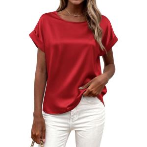 imageBTFBM Womens Summer Tops 2026 Satin Crewneck Short Sleeve Shirts Work Business Outfits Spring Blouses Dressy CasualRed