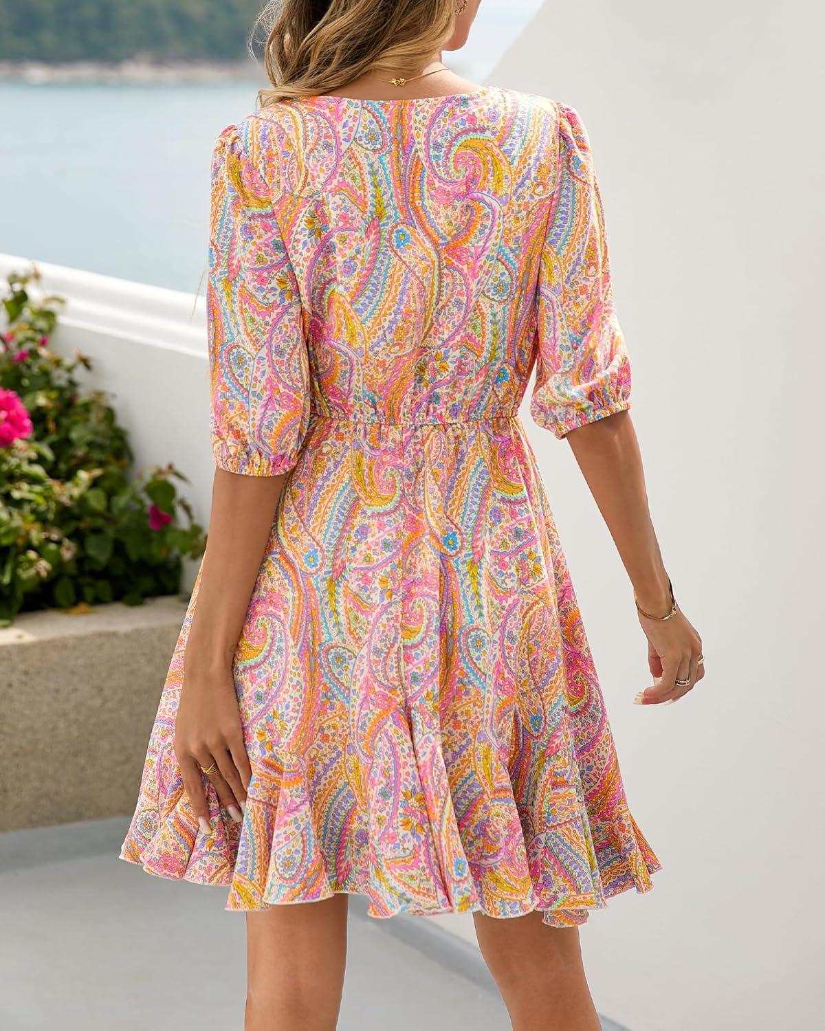 imageBTFBM Women Summer Spring Floral Boho Dress 2026 V Neck Short Sleeve Ruffle Beach Vacation Clothes Wedding Guest DressesFloral Multicolored