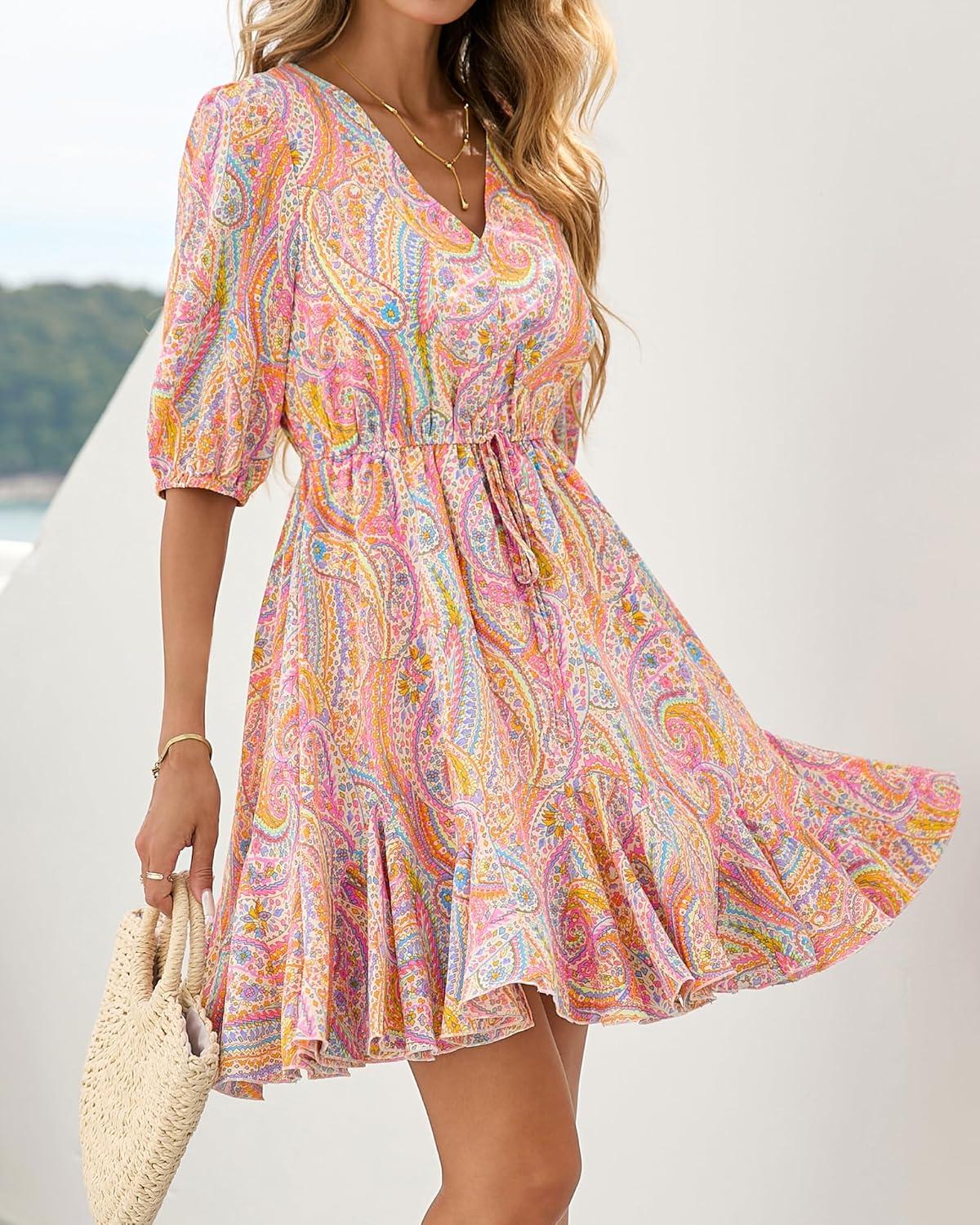 imageBTFBM Women Summer Spring Floral Boho Dress 2026 V Neck Short Sleeve Ruffle Beach Vacation Clothes Wedding Guest DressesFloral Multicolored