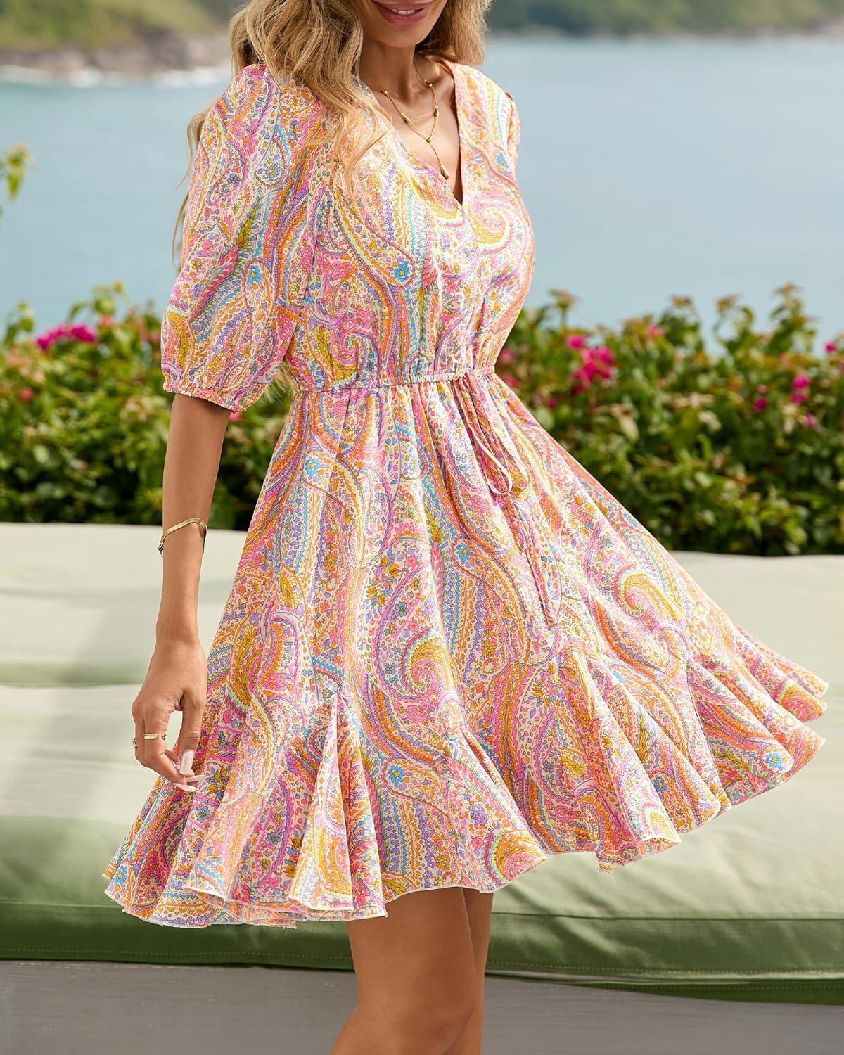 imageBTFBM Women Summer Spring Floral Boho Dress 2026 V Neck Short Sleeve Ruffle Beach Vacation Clothes Wedding Guest DressesFloral Multicolored