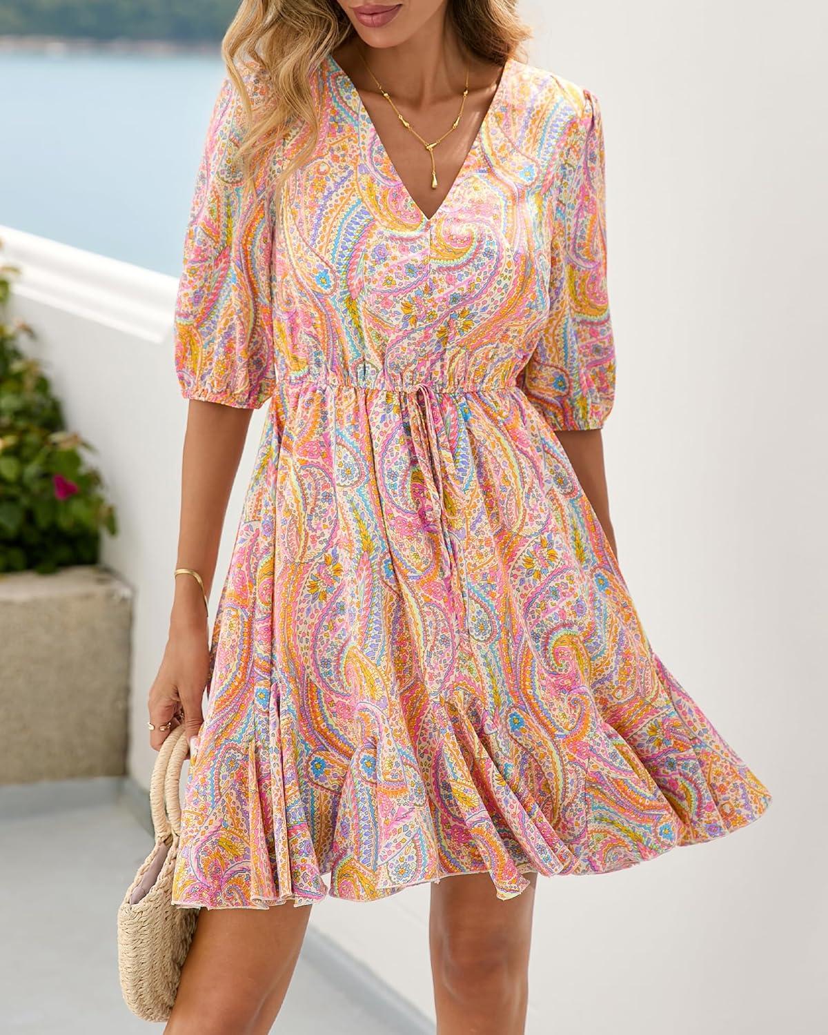 imageBTFBM Women Summer Spring Floral Boho Dress 2026 V Neck Short Sleeve Ruffle Beach Vacation Clothes Wedding Guest DressesFloral Multicolored