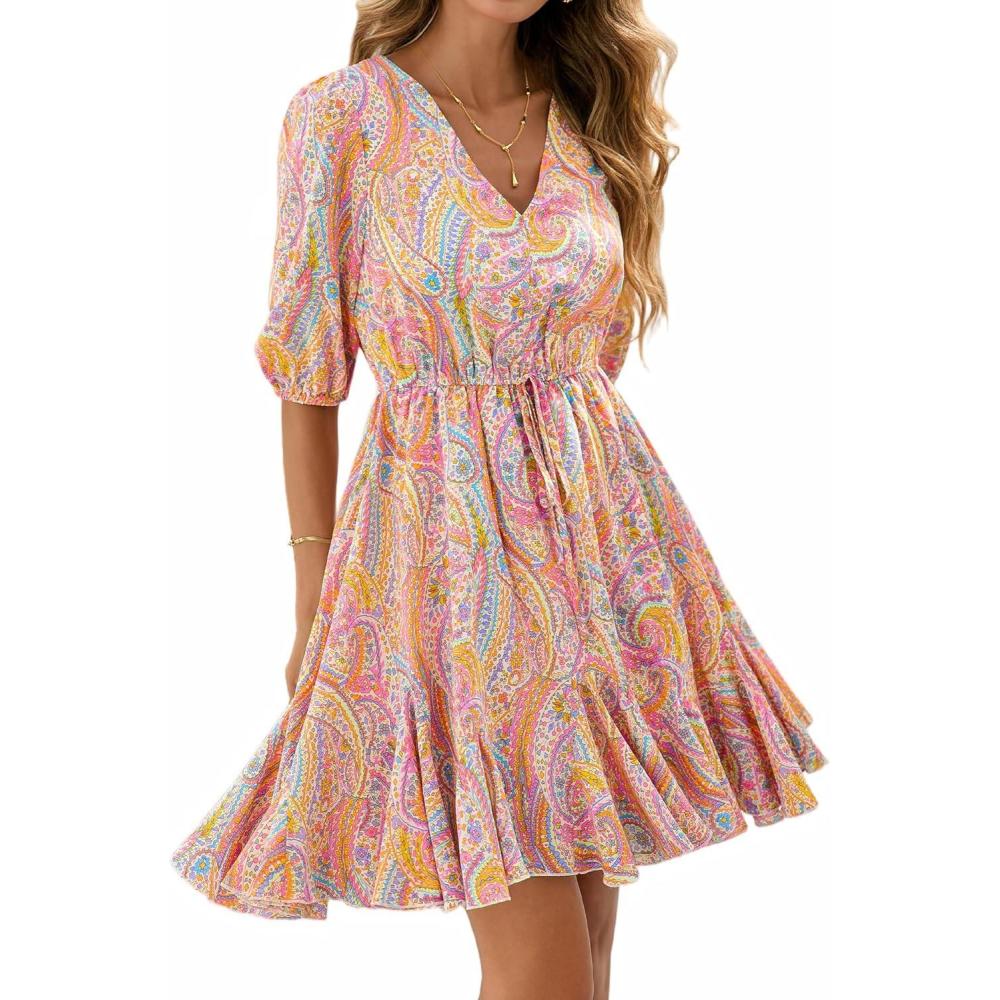 imageBTFBM Women Summer Spring Floral Boho Dress 2026 V Neck Short Sleeve Ruffle Beach Vacation Clothes Wedding Guest DressesFloral Multicolored