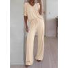 imageBTFBM 2 Piece Sets for Women Summer V Neck Short Sleeve Lounge Set Wide Leg Pants Matching Set Airport Travel OutfitsBeige