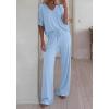 imageBTFBM 2 Piece Sets for Women Summer V Neck Short Sleeve Lounge Set Wide Leg Pants Matching Set Airport Travel OutfitsLight Blue