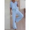 imageBTFBM 2 Piece Sets for Women Summer V Neck Short Sleeve Lounge Set Wide Leg Pants Matching Set Airport Travel OutfitsLight Blue