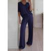 imageBTFBM 2 Piece Sets for Women Summer V Neck Short Sleeve Lounge Set Wide Leg Pants Matching Set Airport Travel OutfitsNavy Blue