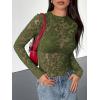 imageBTFBM Mesh Long Sleeve Tops for Women Lace Sexy Sheer Tight See Through Crew Neck Spring Fall 2026 Party Club OutfitsArmy Green