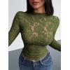 imageBTFBM Mesh Long Sleeve Tops for Women Lace Sexy Sheer Tight See Through Crew Neck Spring Fall 2026 Party Club OutfitsArmy Green