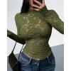 imageBTFBM Mesh Long Sleeve Tops for Women Lace Sexy Sheer Tight See Through Crew Neck Spring Fall 2026 Party Club OutfitsArmy Green
