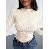 imageBTFBM Mesh Long Sleeve Tops for Women Lace Sexy Sheer Tight See Through Crew Neck Spring Fall 2026 Party Club OutfitsBeige