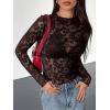 imageBTFBM Mesh Long Sleeve Tops for Women Lace Sexy Sheer Tight See Through Crew Neck Spring Fall 2026 Party Club OutfitsBrown