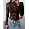 imageBTFBM Mesh Long Sleeve Tops for Women Lace Sexy Sheer Tight See Through Crew Neck Spring Fall 2026 Party Club OutfitsBrown