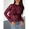 imageBTFBM Mesh Long Sleeve Tops for Women Lace Sexy Sheer Tight See Through Crew Neck Spring Fall 2026 Party Club OutfitsBurgundy
