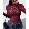 imageBTFBM Mesh Long Sleeve Tops for Women Lace Sexy Sheer Tight See Through Crew Neck Spring Fall 2026 Party Club OutfitsBurgundy