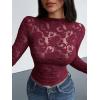 imageBTFBM Mesh Long Sleeve Tops for Women Lace Sexy Sheer Tight See Through Crew Neck Spring Fall 2026 Party Club OutfitsBurgundy