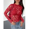 imageBTFBM Mesh Long Sleeve Tops for Women Lace Sexy Sheer Tight See Through Crew Neck Spring Fall 2026 Party Club OutfitsRed