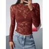 imageBTFBM Mesh Long Sleeve Tops for Women Lace Sexy Sheer Tight See Through Crew Neck Spring Fall 2026 Party Club OutfitsRed Brown