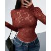 imageBTFBM Mesh Long Sleeve Tops for Women Lace Sexy Sheer Tight See Through Crew Neck Spring Fall 2026 Party Club OutfitsRed Brown