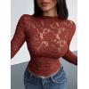 imageBTFBM Mesh Long Sleeve Tops for Women Lace Sexy Sheer Tight See Through Crew Neck Spring Fall 2026 Party Club OutfitsRed Brown