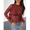 imageBTFBM Mesh Long Sleeve Tops for Women Lace Sexy Sheer Tight See Through Crew Neck Spring Fall 2026 Party Club OutfitsRed Brown