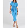 imageBTFBM Shirt Dresses for Women Spring Button Short Sleeve Silk Satin Ruched Maxi Summer Dress 2026 Cocktail Party WeddingAqua Blue