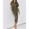 imageBTFBM Shirt Dresses for Women Spring Button Short Sleeve Silk Satin Ruched Maxi Summer Dress 2026 Cocktail Party WeddingArmy Green