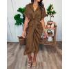 imageBTFBM Shirt Dresses for Women Spring Button Short Sleeve Silk Satin Ruched Maxi Summer Dress 2026 Cocktail Party WeddingDark Brown