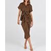 imageBTFBM Shirt Dresses for Women Spring Button Short Sleeve Silk Satin Ruched Maxi Summer Dress 2026 Cocktail Party WeddingDark Brown