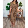 imageBTFBM Shirt Dresses for Women Spring Button Short Sleeve Silk Satin Ruched Maxi Summer Dress 2026 Cocktail Party WeddingDark Khaki