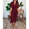 imageBTFBM Shirt Dresses for Women Spring Button Short Sleeve Silk Satin Ruched Maxi Summer Dress 2026 Cocktail Party WeddingDark Wine Red
