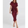 imageBTFBM Shirt Dresses for Women Spring Button Short Sleeve Silk Satin Ruched Maxi Summer Dress 2026 Cocktail Party WeddingDark Wine Red