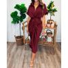 imageBTFBM Shirt Dresses for Women Spring Button Short Sleeve Silk Satin Ruched Maxi Summer Dress 2026 Cocktail Party WeddingDark Wine Red