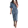 imageBTFBM Shirt Dresses for Women Spring Button Short Sleeve Silk Satin Ruched Maxi Summer Dress 2026 Cocktail Party WeddingGrey Blue