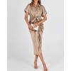 imageBTFBM Shirt Dresses for Women Spring Button Short Sleeve Silk Satin Ruched Maxi Summer Dress 2026 Cocktail Party WeddingLight Khaki