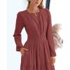 imageBTFBM Spring Dresses for Women 2026 Casual Long Sleeve V Neck Elastic Waist Lightweight Maxi Wedding Guest Dress PocketsBrown Red