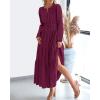 imageBTFBM Spring Dresses for Women 2026 Casual Long Sleeve V Neck Elastic Waist Lightweight Maxi Wedding Guest Dress PocketsBurgundy